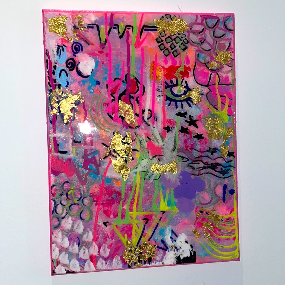 Abstract painting with gold leaf accents
